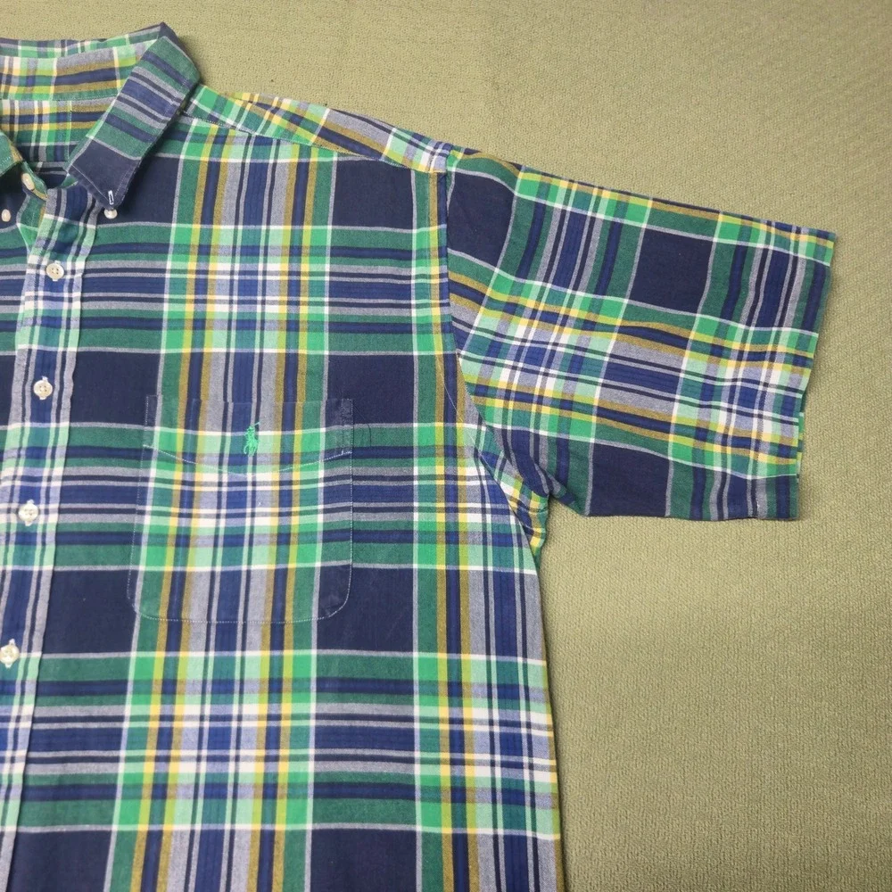 Polo Ralph Lauren Mens Short Sleeve Plaid Button Down Shirt Navy Green Yellow M